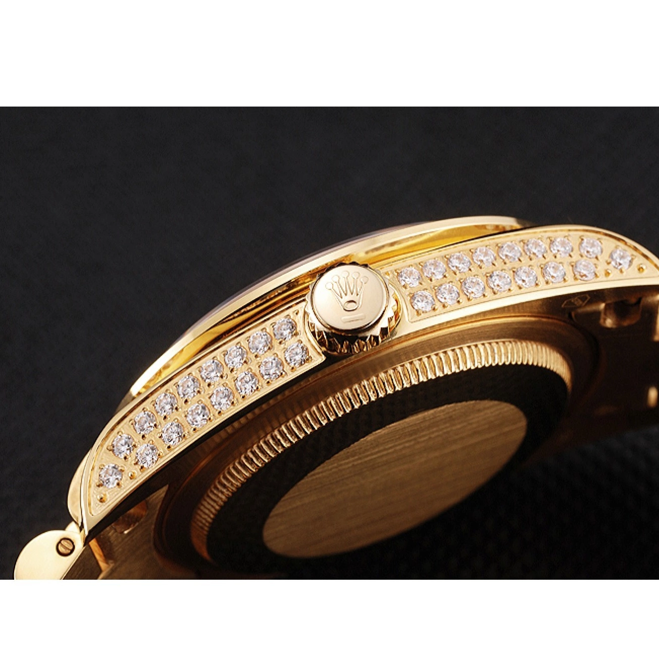 Aaa replica watch Full Day Rolex Date Gold Pave Swiss Yellow Diamond 0816